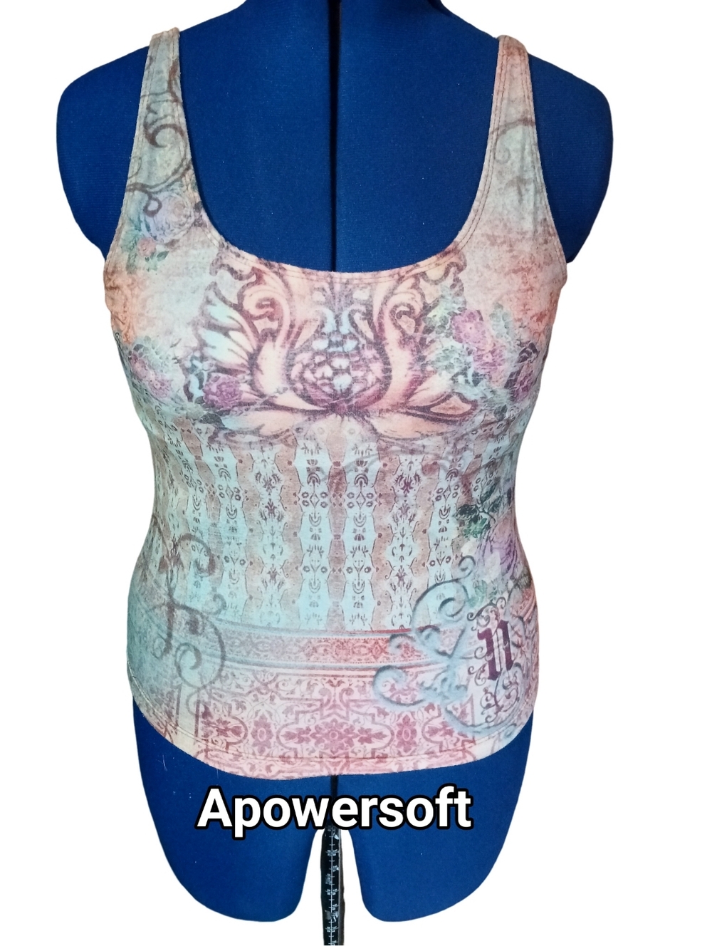 Marika Scroll Print Scoop Neck Tank with Built-In Shelf Bra Size Large